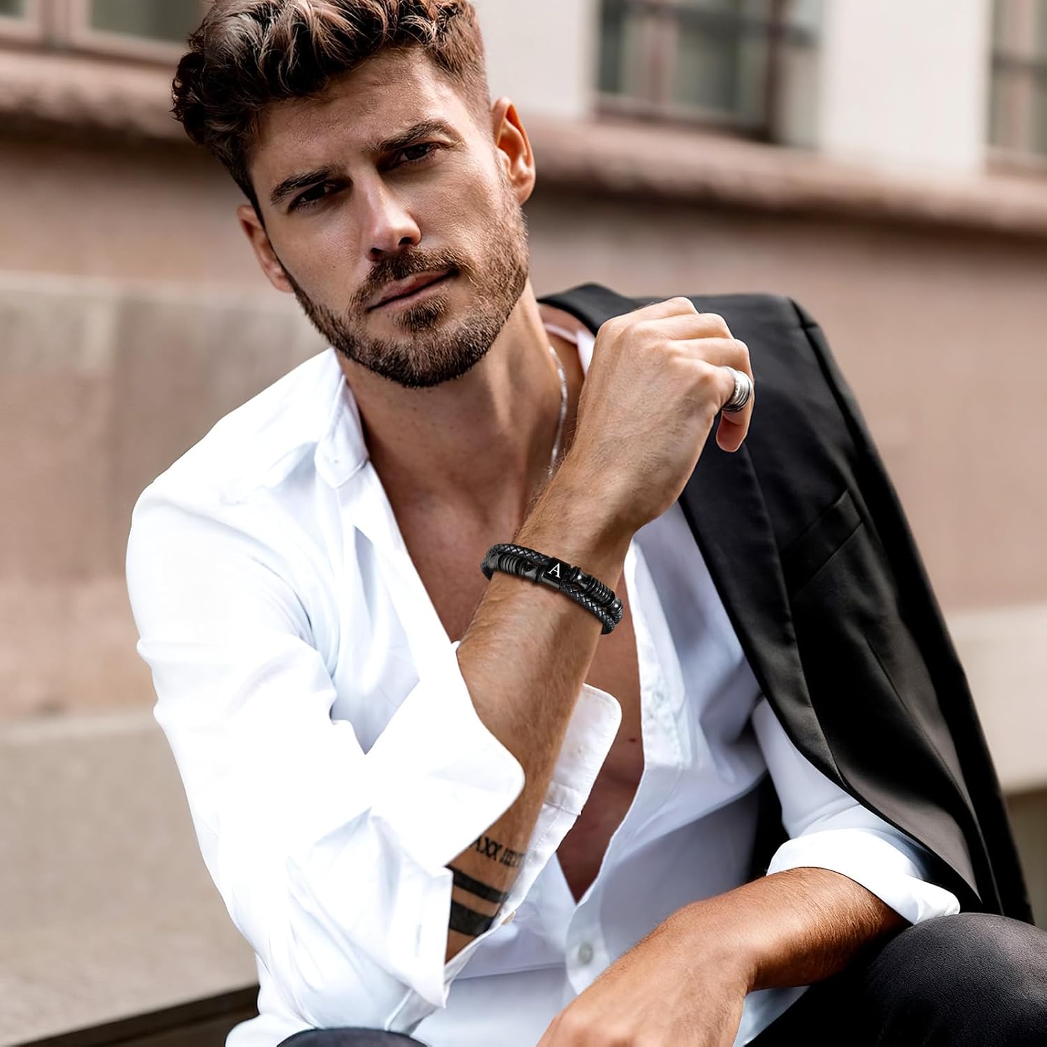 Initial Braided Leather Bracelets for Men - Double-Row Braided Mens Leather Bracelet Adjustable Wristband Initial Bracelet with Stainless Steel Clasp Unique Jewelry Gifts for Husband Dad Friend Son - Image 3