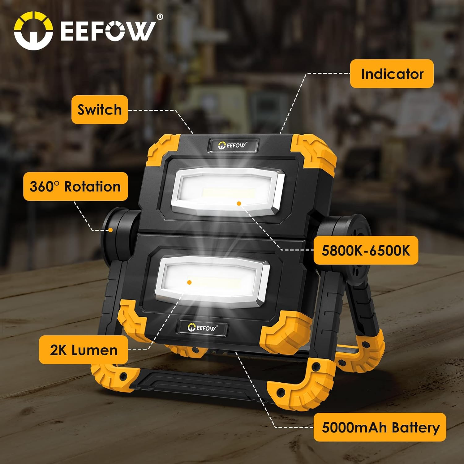 Diagram of EEFOW Work Light components including switch, indicator, 360 rotation, 2K Lumen, 5000mAh Battery, and 5800K-6500K color temperature