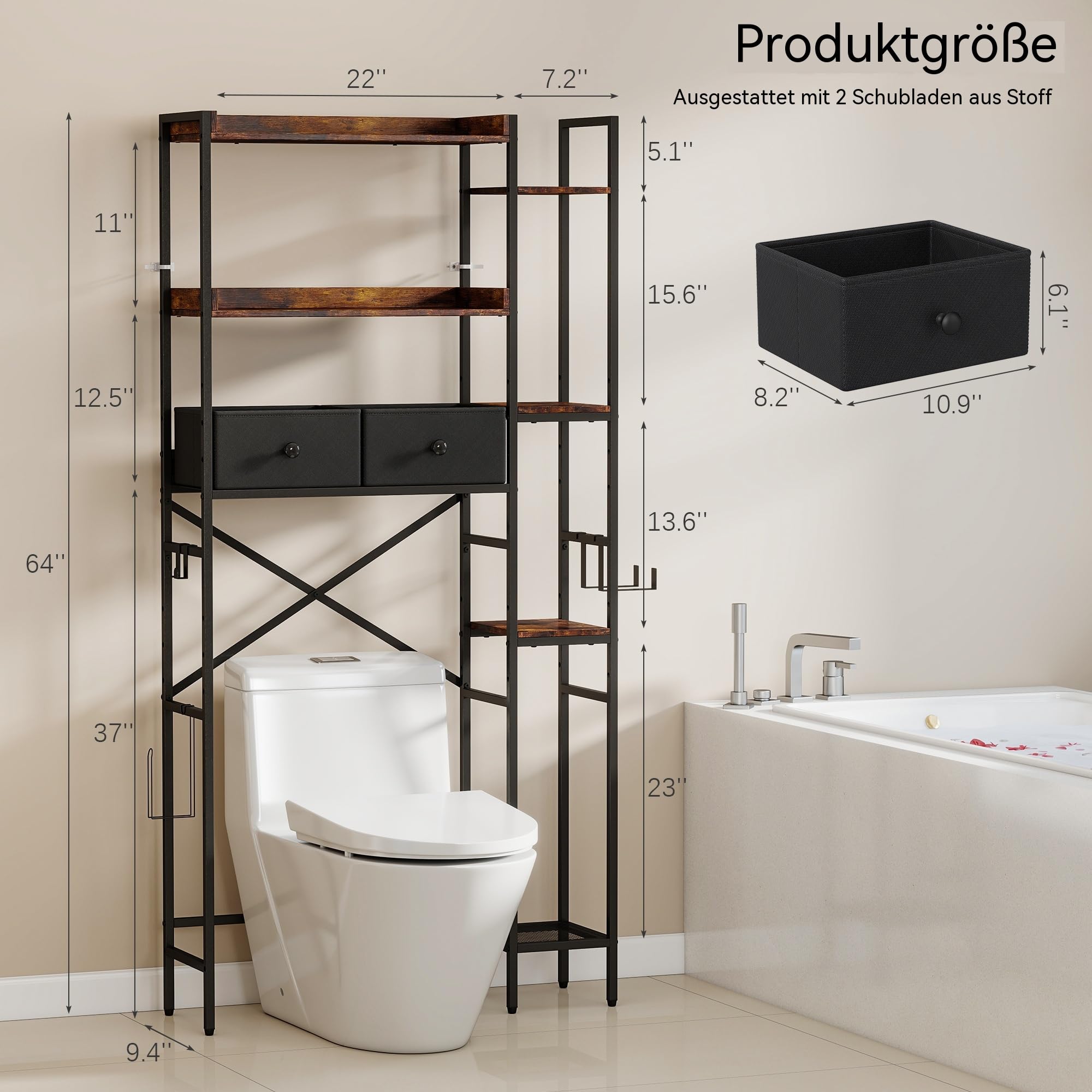 Toilettenregal Einfache Montage für Badezimmer, Braun | Wasserdicht, Platzsparend, mit Körben Haken, Ohne Bohren, Metall & Holzwerkstoff, Vielseitig einsetzbar, Höhenverstellbar