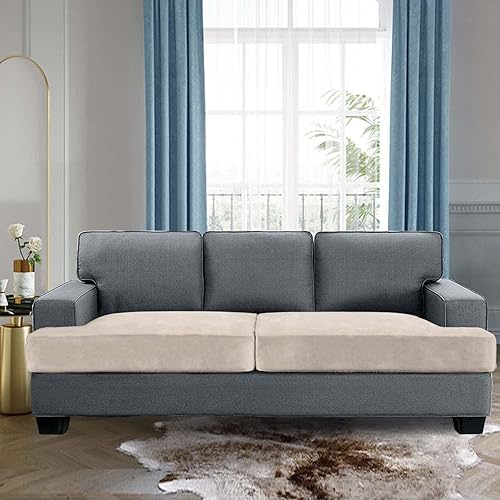 Miniatura 2 de H.VERSAILTEX Funda de terciopelo elástico para cojines en forma de T de 2 piezas, funda de asiento separada para sofá, fundas de cojín para sofá,