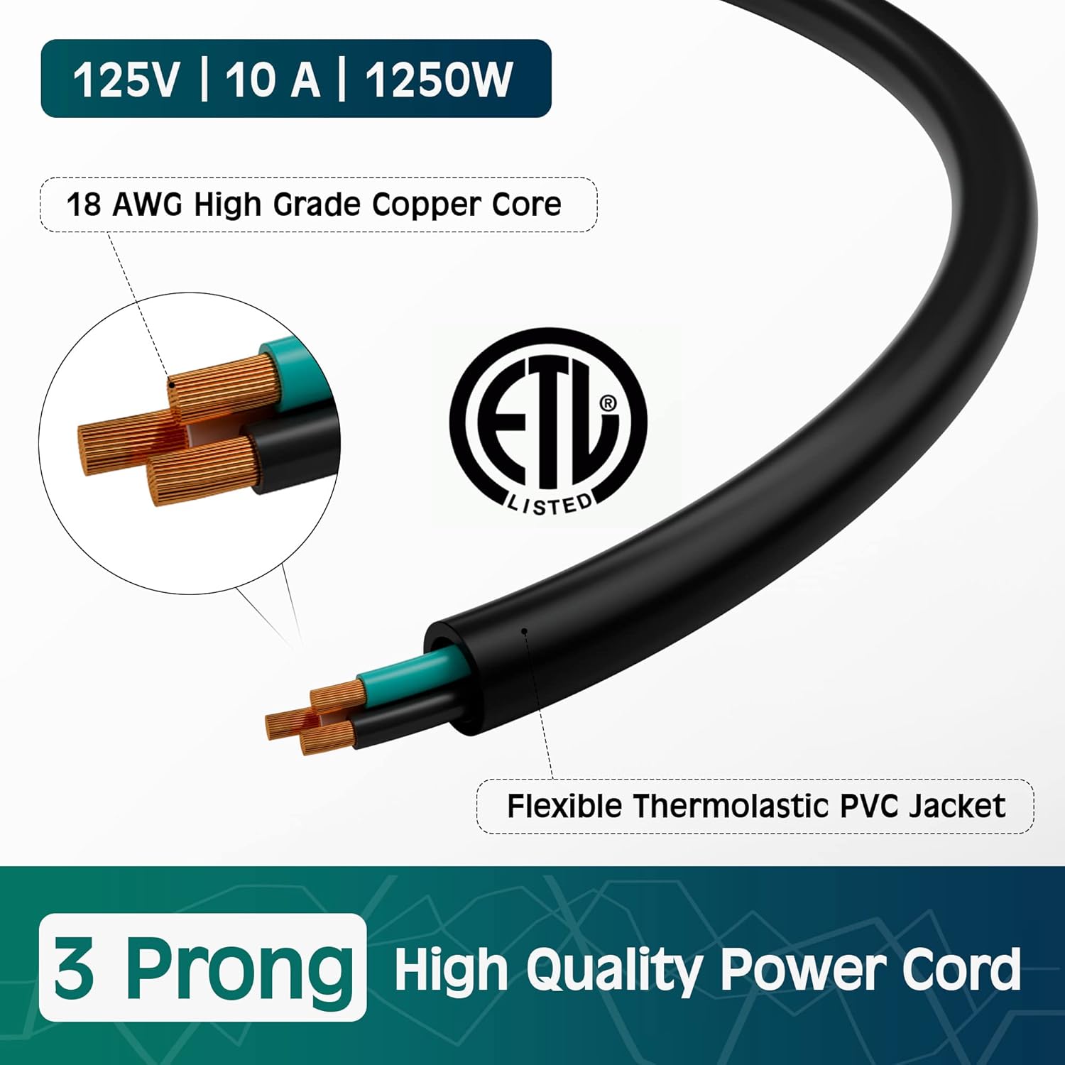 Elecan 3-Prong Replacement Power Cord 50 Ft, Heatproof Flexible Durable AC Device Power Cable for Appliance, Computer, TV, Monitor, Printer, ETL Listed 18AWG 125V 10A, with Ties