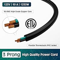 Vista 3 de Elecan Cable de alimentación de repuesto de 3 clavijas de 50 pies, cable de alimentación flexible y duradero a prueba de calor para dispositivos CA