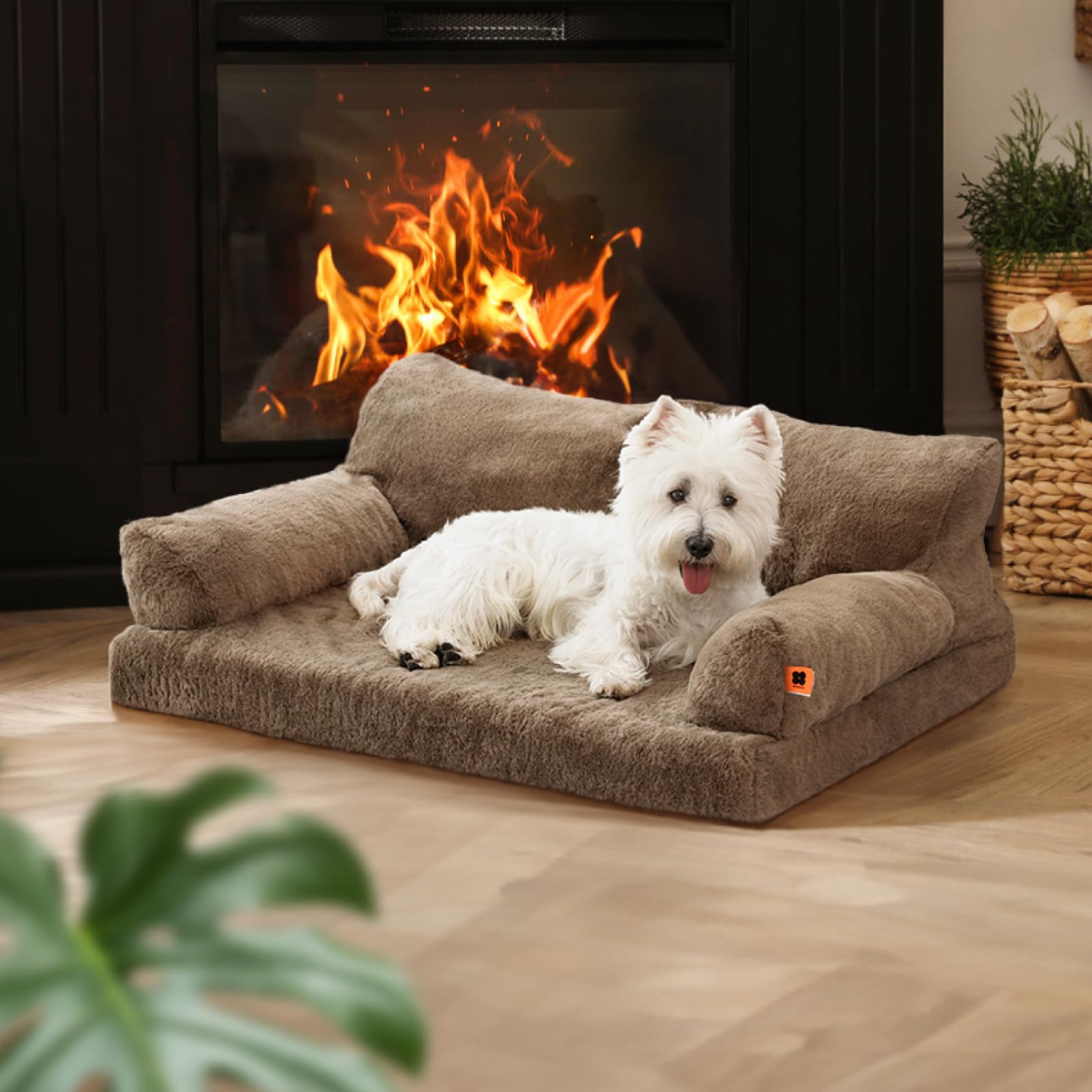 MEWOOFUN Sofá cama ortopédica para perros, tamaño mediano, impermeable, funda de felpa antiansiedad para cachorros, 90 x 65 x 30 cm (marrón, L)