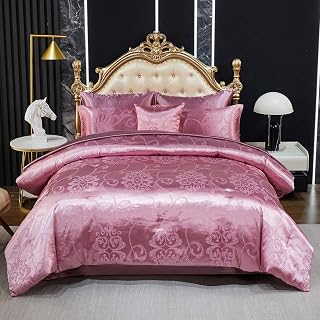 Pink queen jacquard satin bedding set
