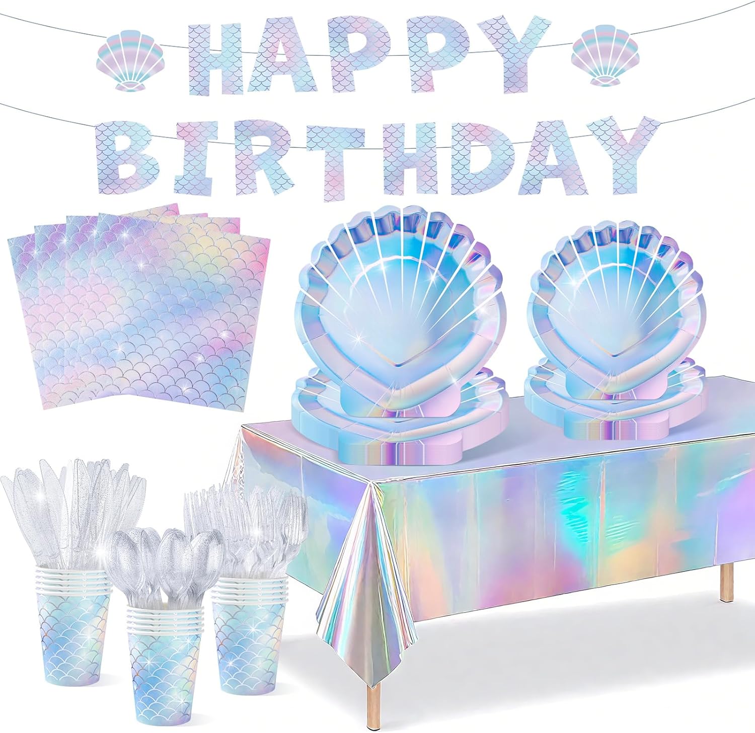 Mermaid Party Supplies Set for 50 Guests, Birthday Decorations with Plates, Cups, Napkins, Cutlery, Banners and ablecloth, 352 Pieces