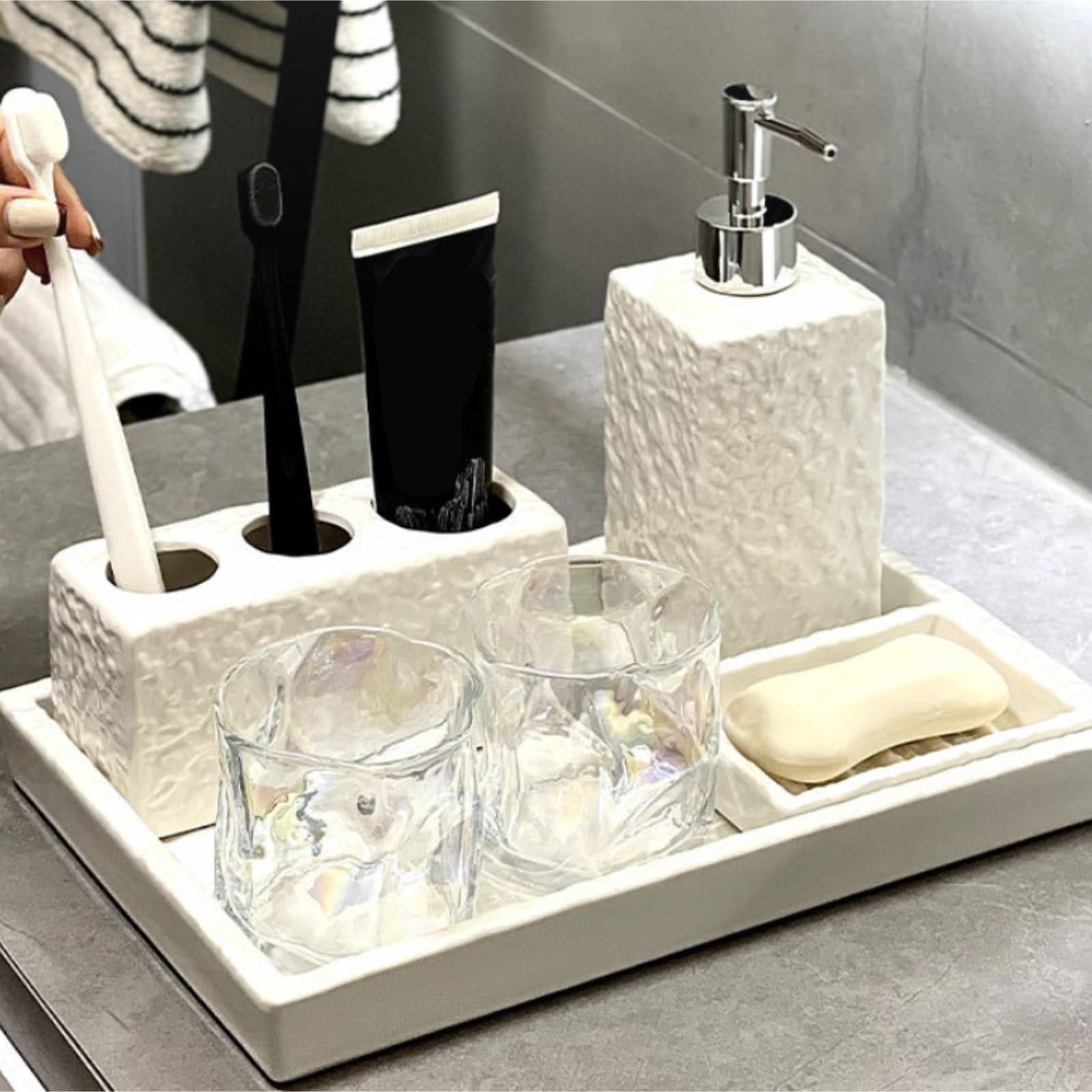 Porta Spazzolino Decorazione, Portaspazzolino In Ceramica For Organizer Da Bagno Multifunzione Moderno(White)