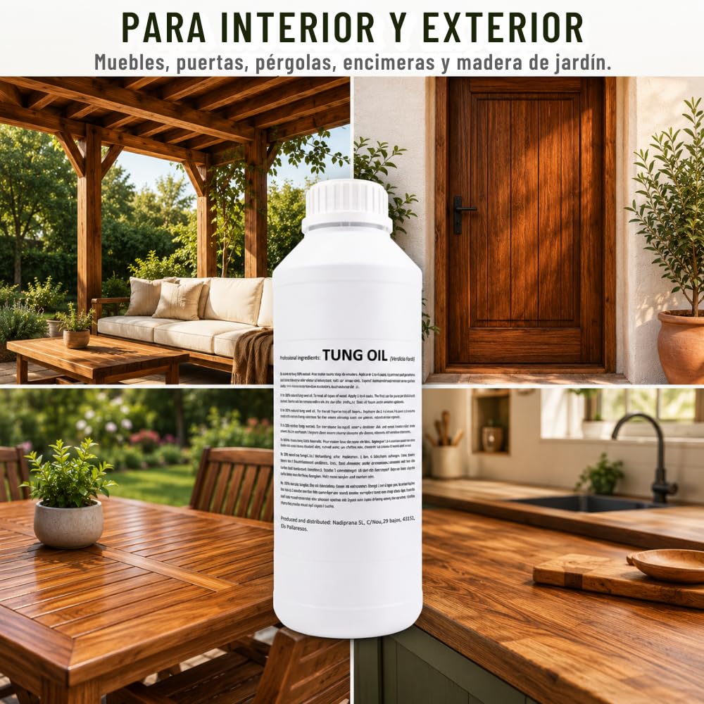 1 l. aceite de tung 100% Puro | Cuidado natural de la madera de interiores y exteriores | No altera el color dejando una capa impermeable muy resistente. - Snadi