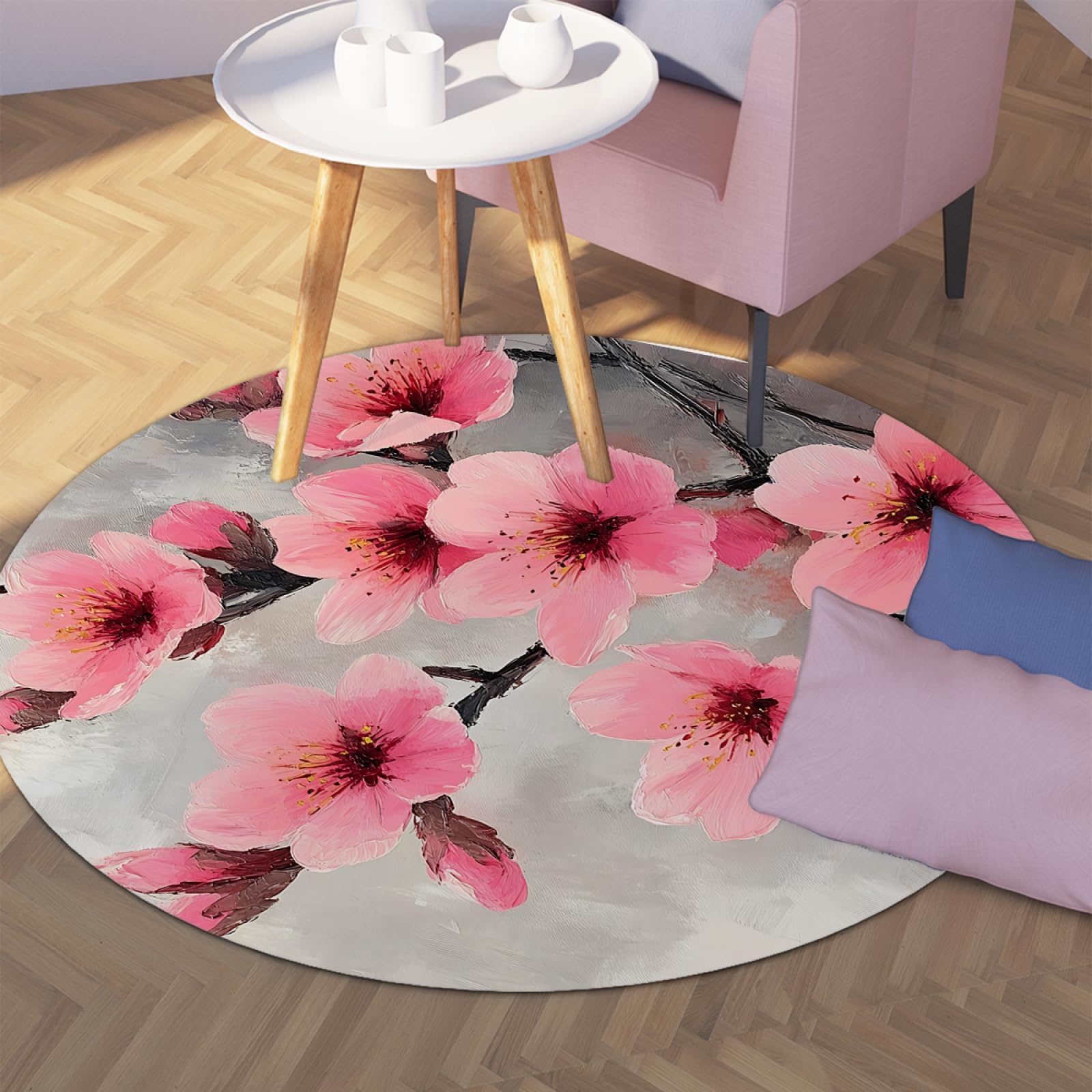 Tapis rond oriental 180cm à poils ras pour salon et couloir avec motif fleurs de prunier