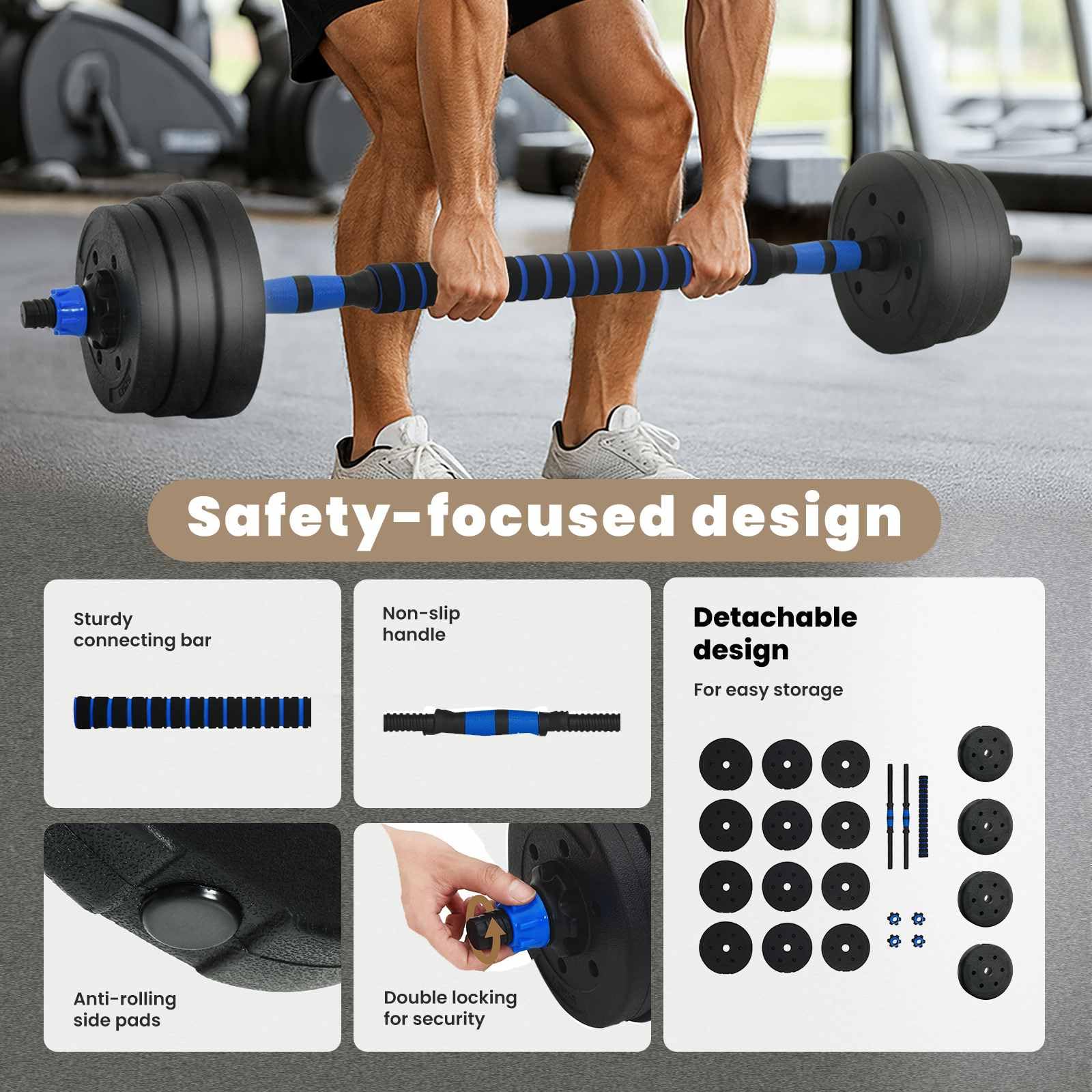 vidaXL Set di manubri, bilanciere e Kettlebell 4-in-1 20 kg Nero e Blu, Attrezzatura da casa, manubri Regolabili, Pesi per Allenamento, Fitness Indoor, Strumenti e Attrezzi salvaspazio