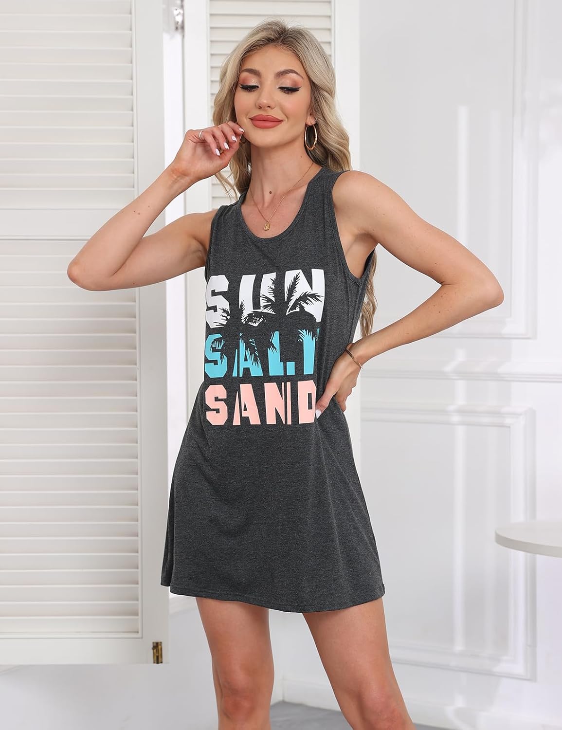 Summer Tank Dress for Women Sunset Palm Beach Vacation Mini Sundress - Image 3