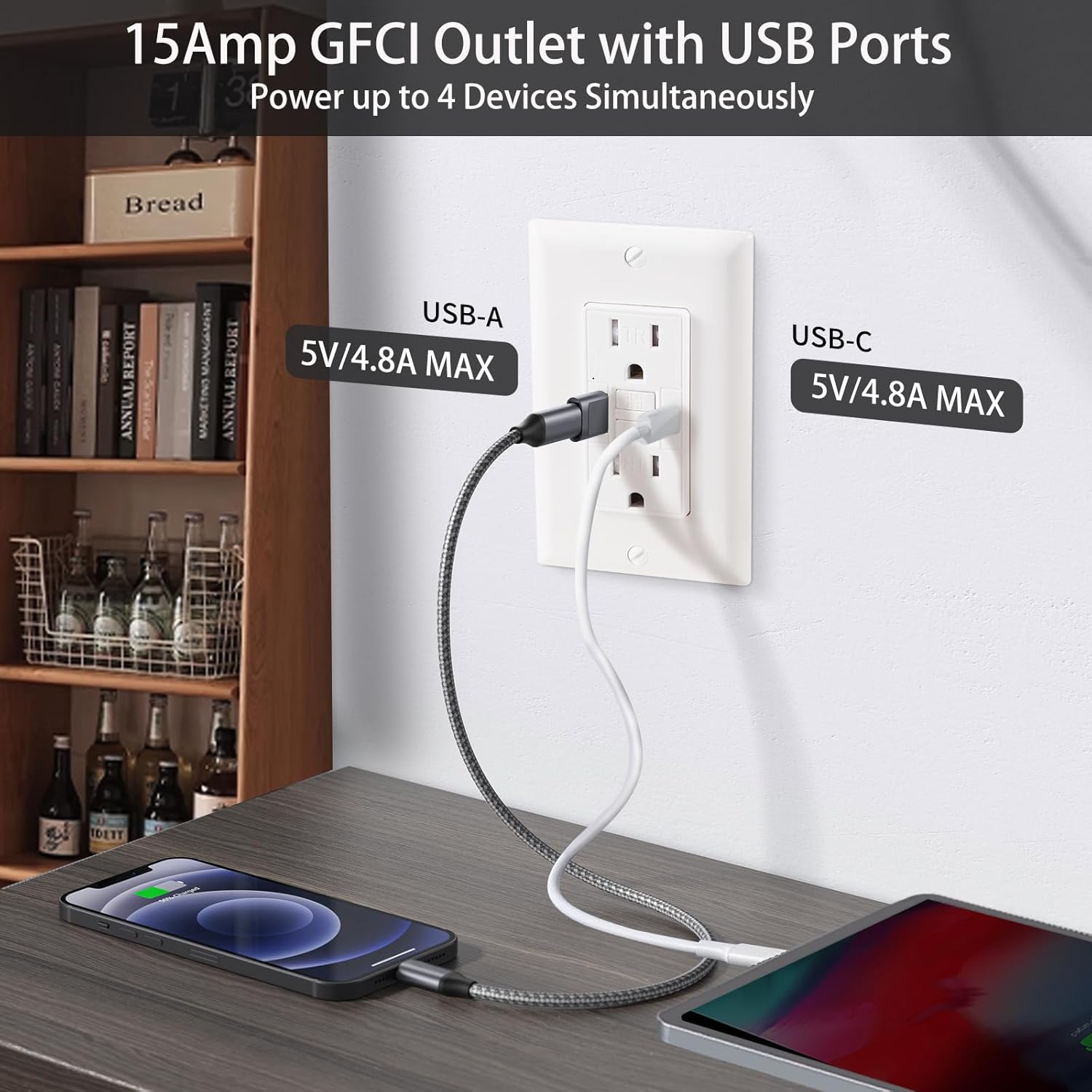 15 Amp GFCI Outlet with USB-C & USB-A Ports, Self-Test GFCI Electrical Outlet in-Wall, Tamper-Resistant, Thinner Design, USB Charger for Smartphones and Tablets, ETL Listed