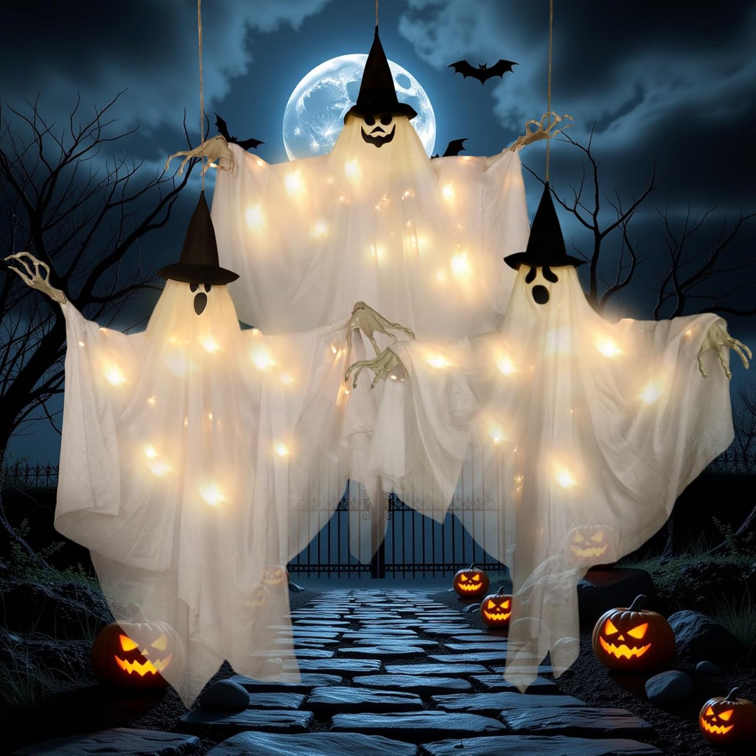 SUNBEAUTY Hanging Ghost, Halloween Decorations Outdoor/Indoor-3Pcs Ghost Decor with Light, Halloween Ornaments, Hallowee n Decor for Tree, Yard, Window, Garden White Black - 3