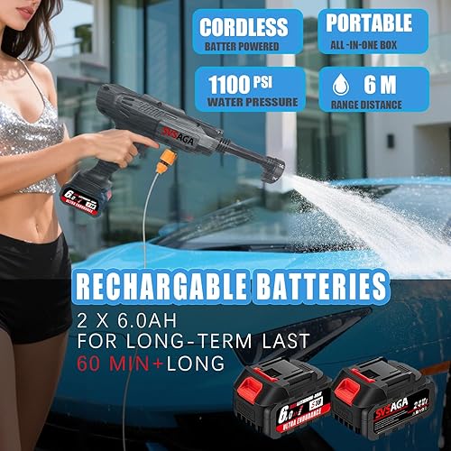 Miniatura 2 de SVSAGA - Lavadora a presión inalámbrica portátil de 21 V, 2 x 4.0 AH 1100 PSI, lavadora eléctrica a batería, lavado sin escobillas con cargador