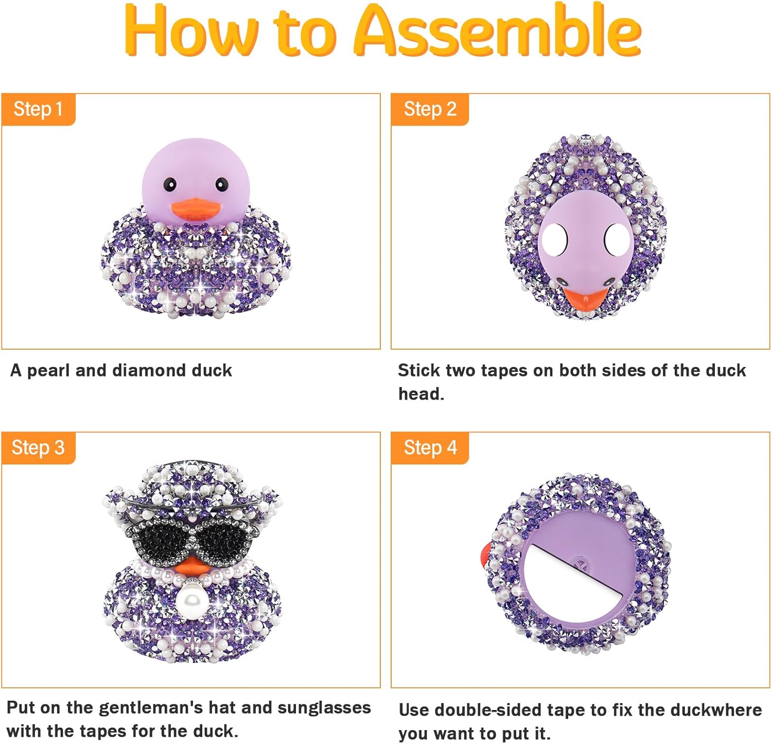 wonuu Pearl Diamond Rubber Duck Car Ornaments Dashboard Decorations for Cute Car Accessories, Black