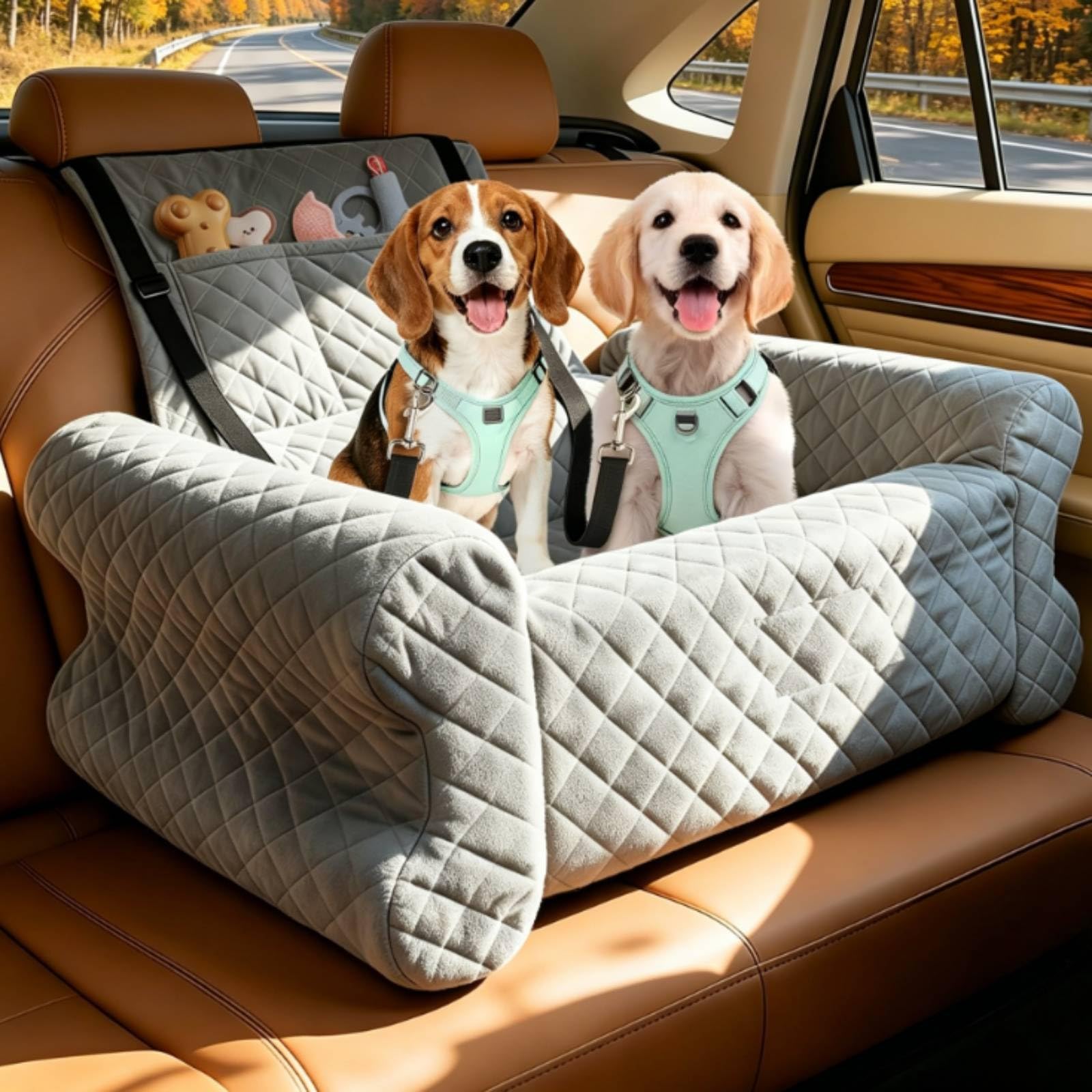Cama Coche Mascotas Lavable Asiento Coche Perro Correas Ajustables Cama Portátil Mascotas para Cachorros, Gris