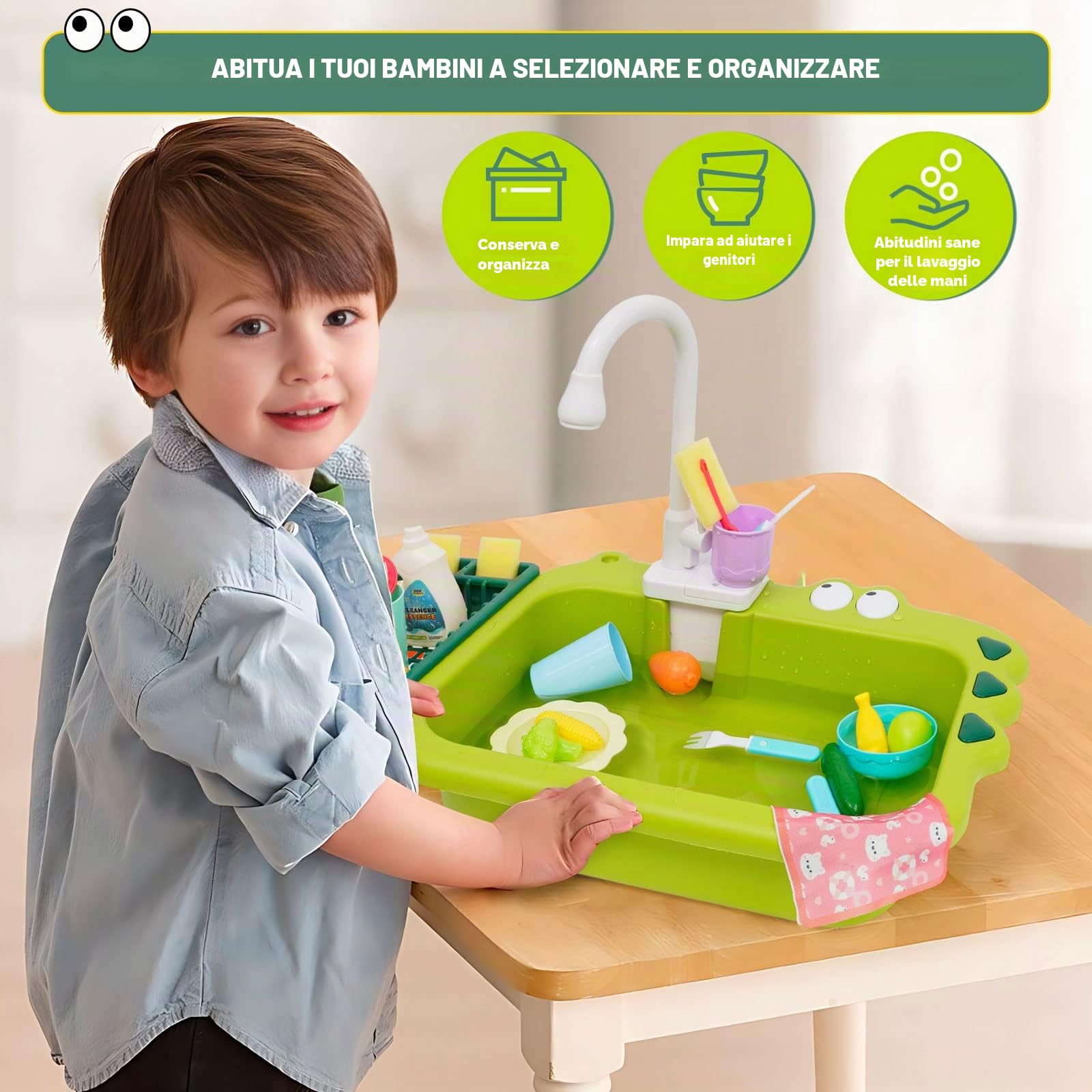Giocattoli per lavandino da cucina con acqua corrente 23 pezzi con lavastoviglie giocattolo con sistema automatico di ciclo dell'acqua per finta set da gioco per 3 4 5 6 7 8 anni