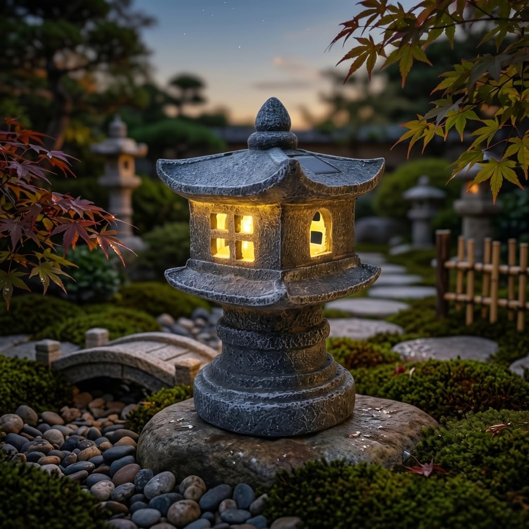 Faticenic Pagoda Garden Statue, 9.6inch Resin Zen Garden Lanterns with Solar Light, Waterproof Japanese Pagoda Landscape Decorative Suclpture for Yard Patio