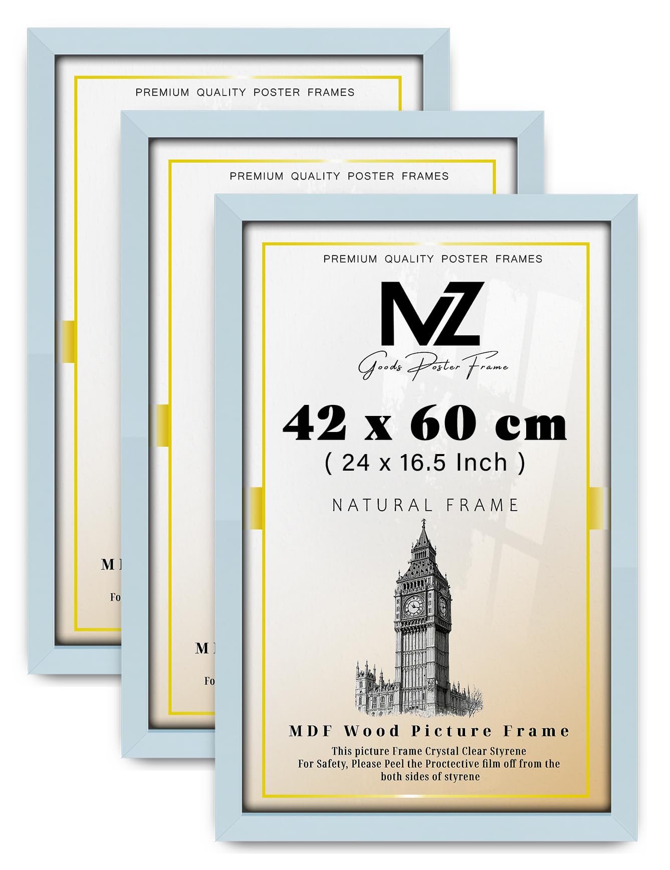 MZ GOODS pack of 3 Classic Picture 24 x 16.5 Light Grey Poster Frame, Wood Finish, Portrait, (42 x 60 CM) - 1' 5" x 1' 12" Frame [ Light Grey ]