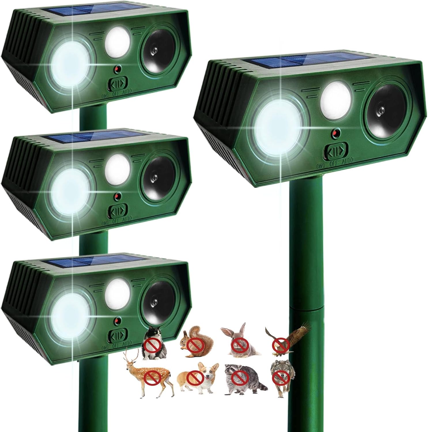 4 Pack 2026 Solar Animal Repeller Outdoor Ultrasonic Cat Repellant Deer Repellent Devices Waterproof Animal Deterrent Motion Activated for Squirrel Rabbit Skunk Raccoon Dog with Flash Light for Lawn