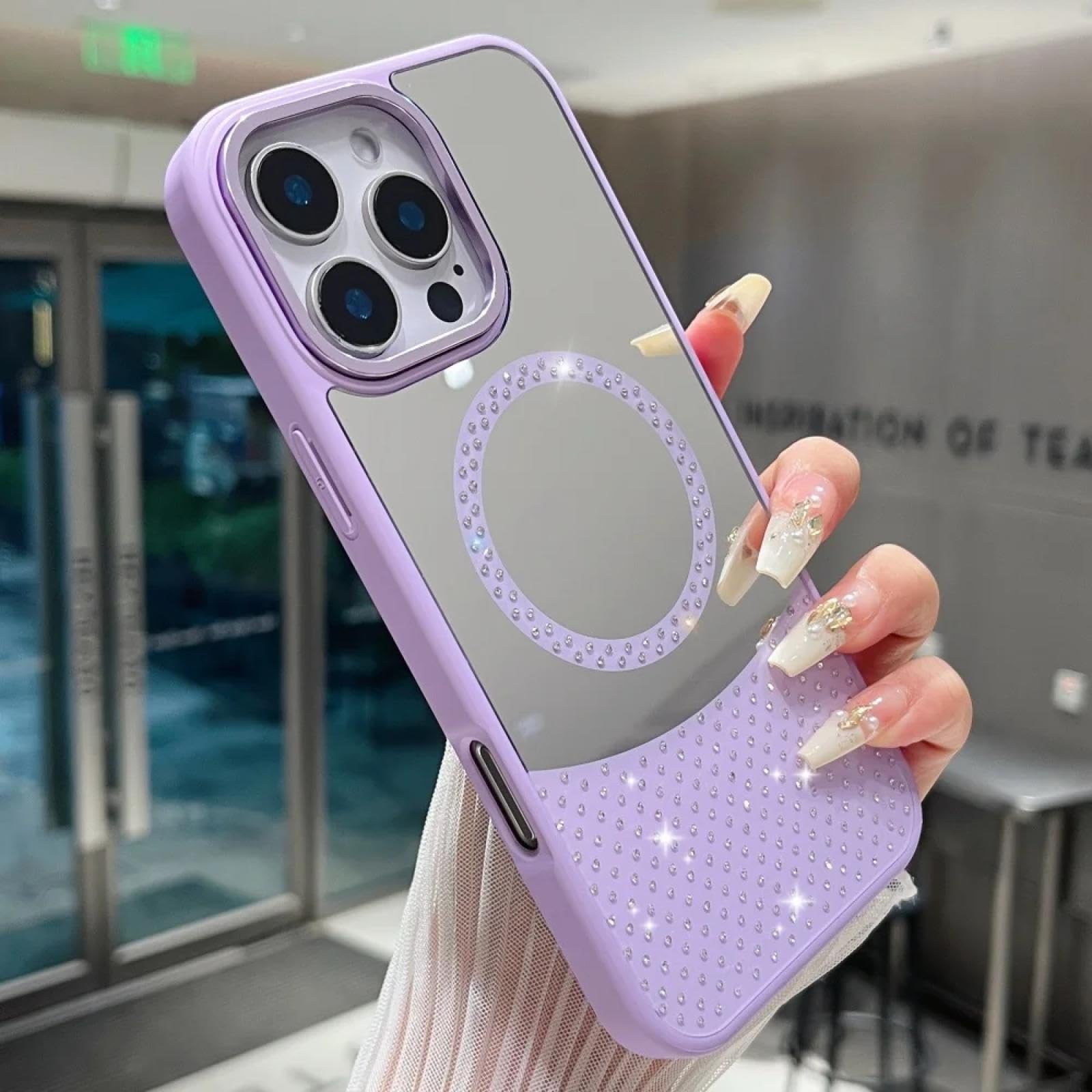 Coque silicone magnétique iPhone 14 violette protection miroir strass - 8