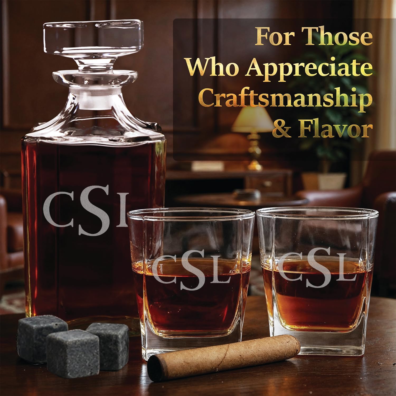 Custom Engraved Monogram 3 Initials Whiskey Gift Set – 34 oz Liquor/Bourbon Decanter with 4 Glasses, Whiskey Stones & Tongs – Premium Whiskey Gift for Men, Husband, Dad