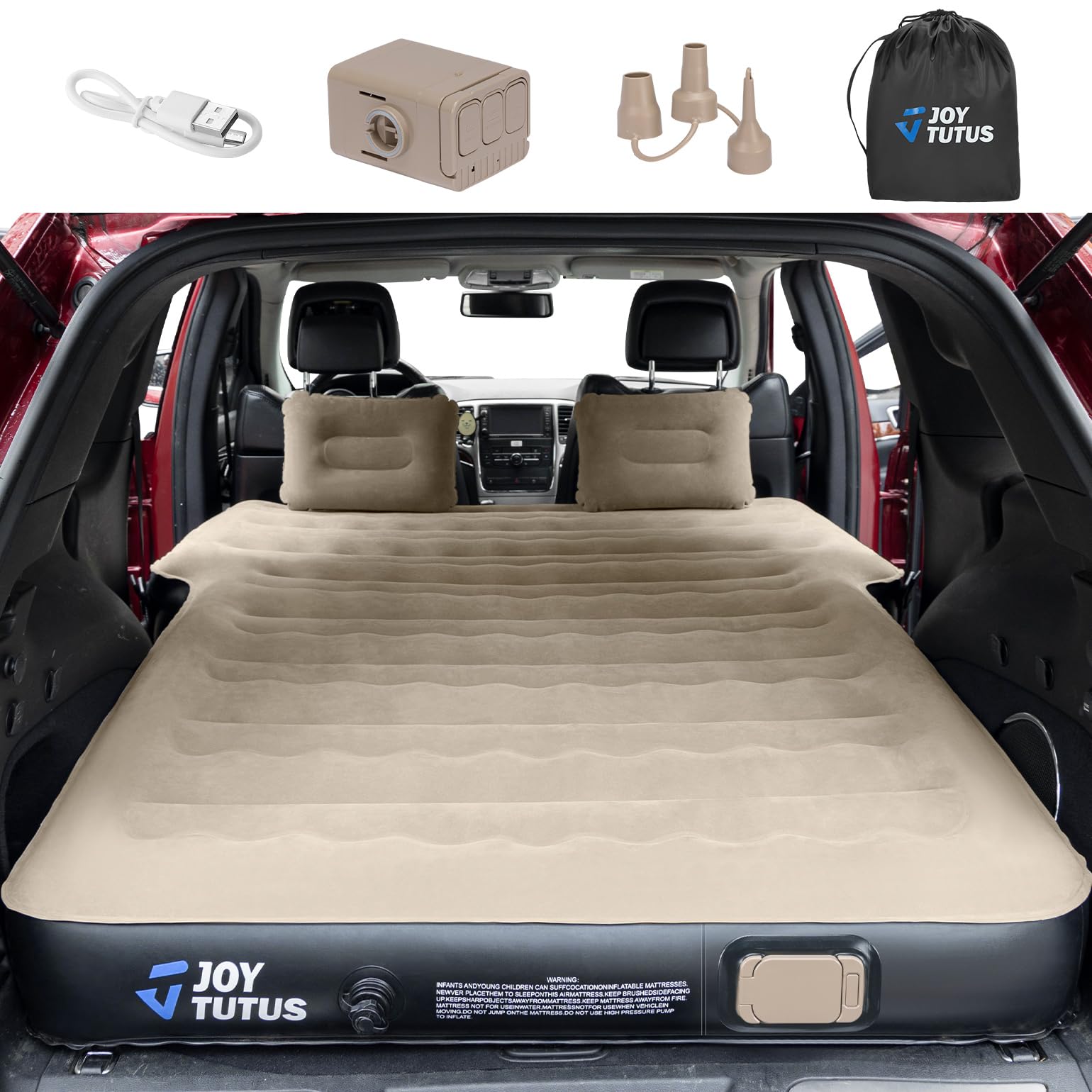 JOYTUTUS Colchón inflable SUV para acampar al aire libre, flocado suave y superficie Oxford extragruesa, colchón de aire para SUV, cama de campamento con bomba de aire integrada mejorada, 2 almohadas