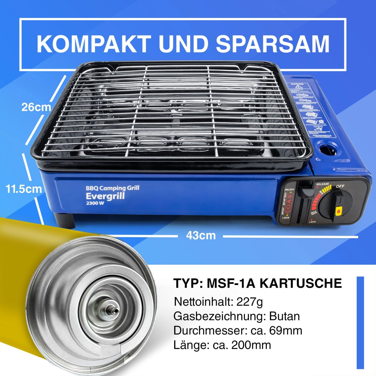 Evergrill Butangas Camping Gasgrill 2300 Watt | Inkl. Transportkoffer, Piezo-Zündung & Sicherheitsventil, Stufenlose Regelung, Mobiler Tischgrill