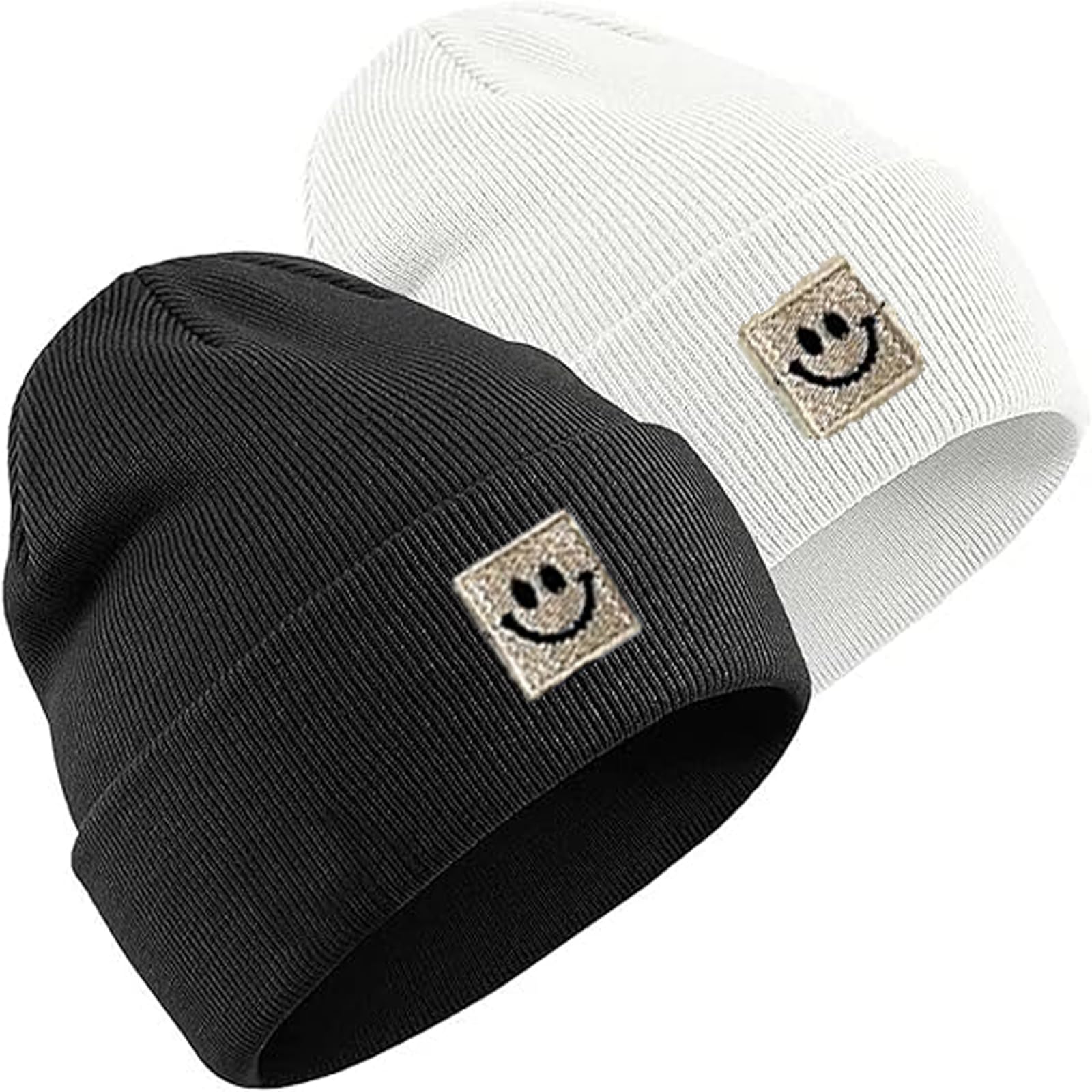 Smile Face Winter Beanie Hat - Knit Skull Cap, Soft Cuffed Warm Stretchy Beanie, Thick Slouchy Knitted Hedging Cap