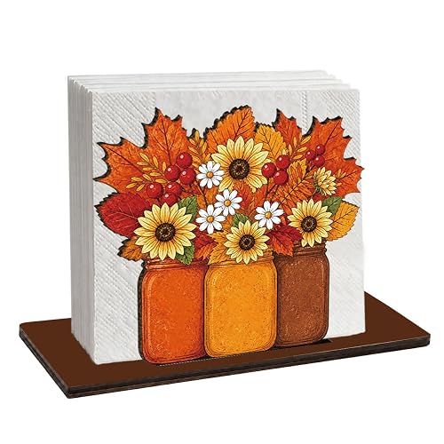 Fall Napkin Holder, Mason Jar Floral Wooden Rack, 7 x
