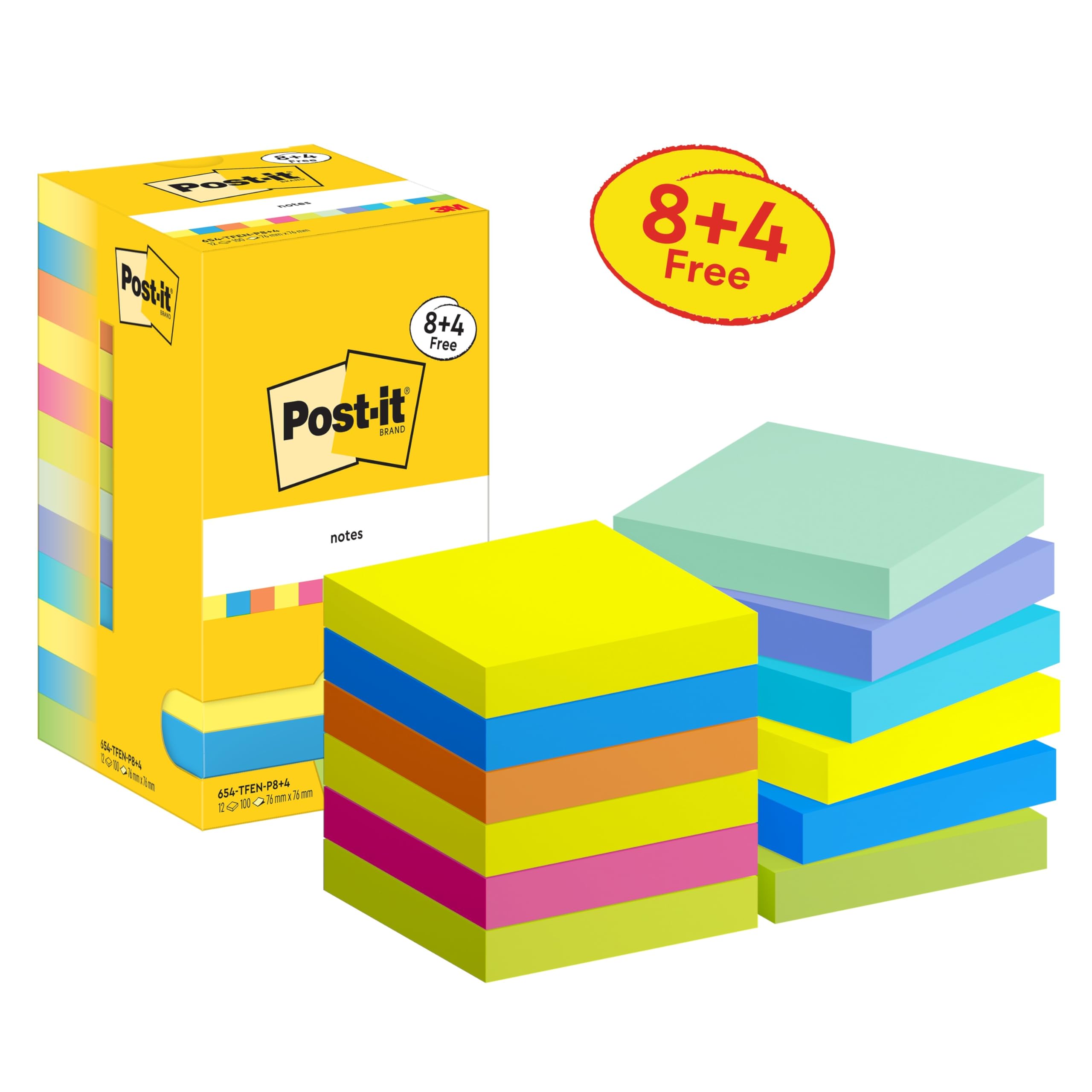 Post-it Notes Energetic Color Collection, 8 + 4 Free Pads, 100 Sheets per Pad, 76 mm x 76 mm, Yellow, Blue, Orange, Pink - Image 2