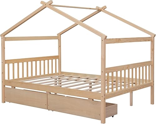 Miniatura 17 de Cama individual de casa con nido para niños, cama individual de madera con techo, marco de cama de plataforma de tamaño individual, cama con dosel