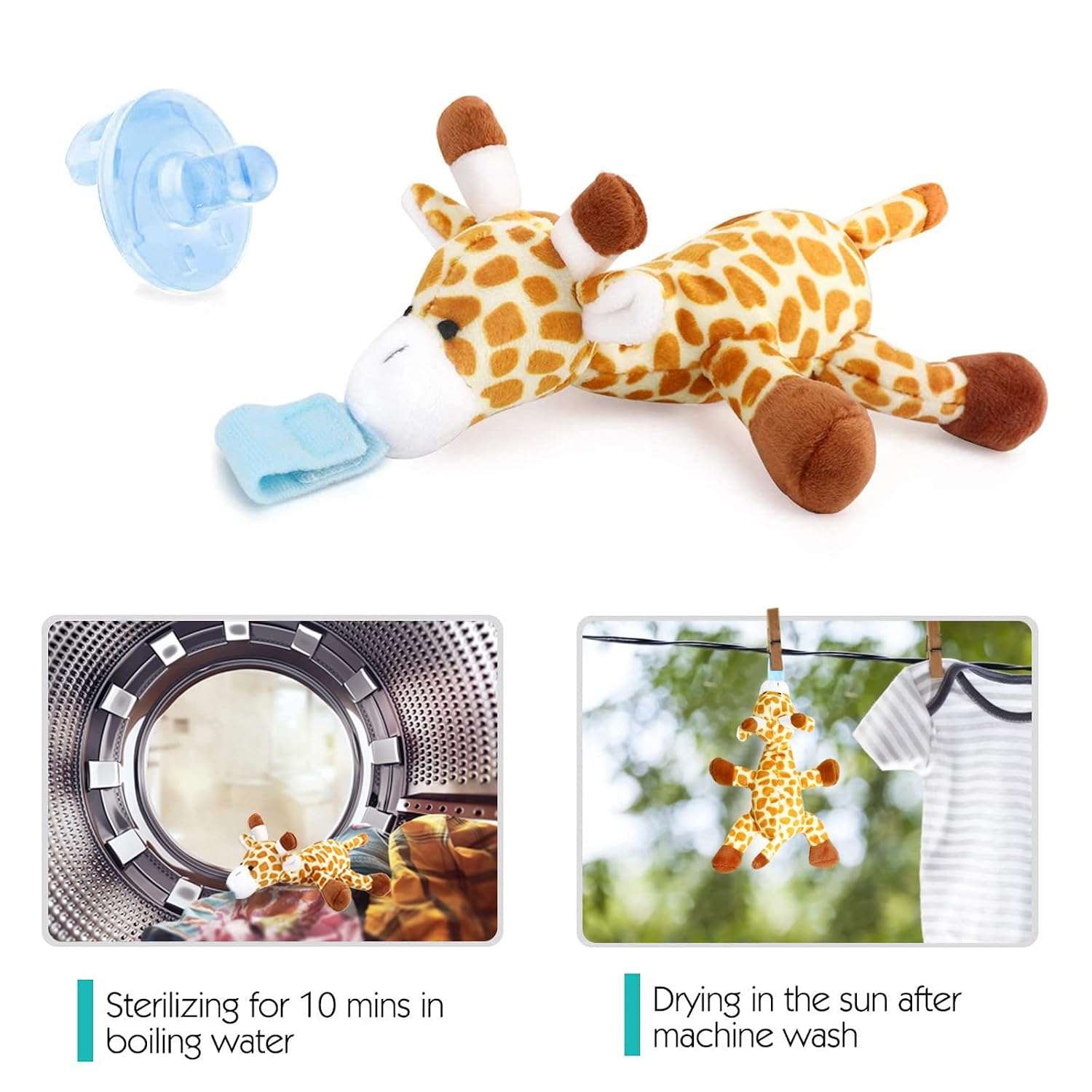 Zooawa Baby Pacifier, Giraffe Pacifier Holder with Removable Plush Stuffed Animal Toy and Rattle for Infant