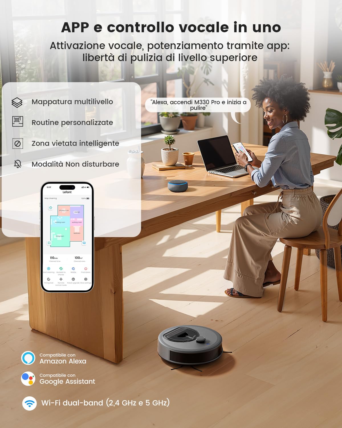 Lefant M330 Robot Aspirapolvere,Con un Supporto Per Mocio， Navigazione dToF, 5000Pa,150min, Rilevamento Ostacoli PSD a 190°, WiFi/Alexa 2,4GHz e 5GHz, Ideale Per Peli di Animali e Tappeti,Grigio