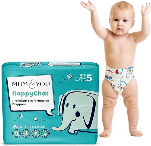 Mum & You Nappychat - Pañales ecológicos de alto rendimiento, tamaño 5 (36 pañales) Protección contra fugas con tecnología Smart Tube. 100%