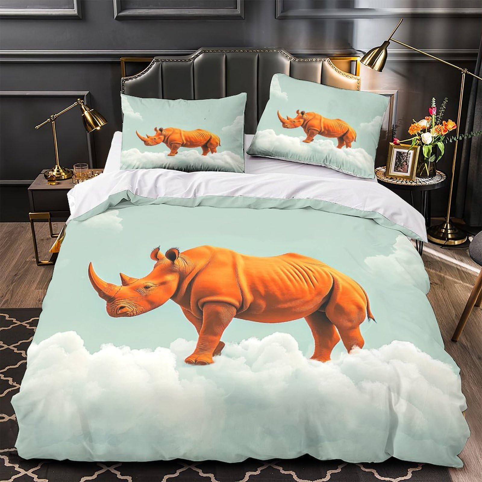 Parure lit single rhinocéros 3D orange avec 2 taies pour chambre d'enfant