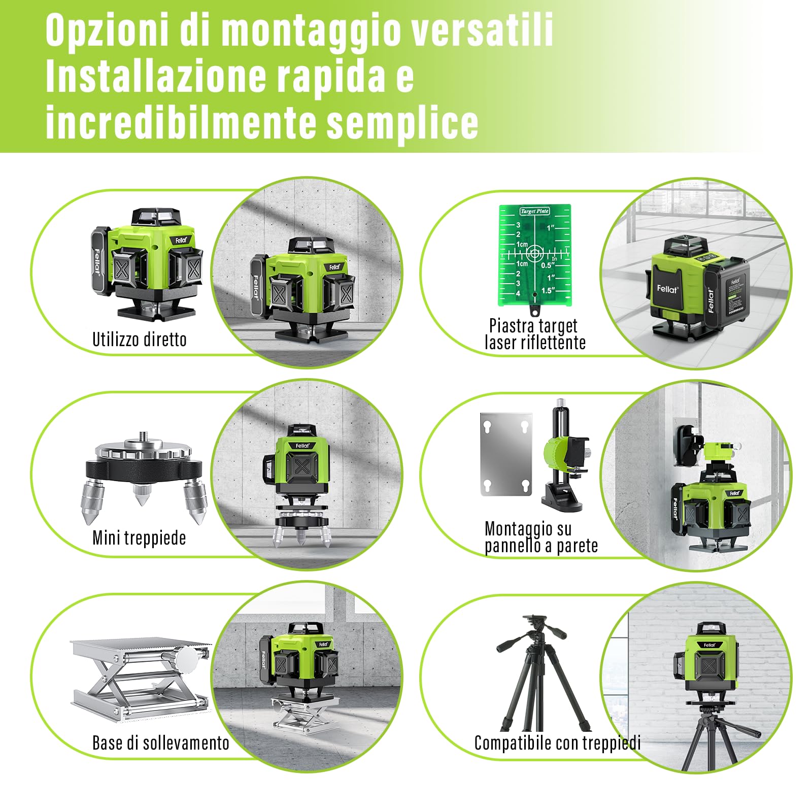 Livella Laser, FELLAT 4x360° Livello Laser Verde Autolivellante con 2 Batterie Ricaricabili da 4800 mAh, Telecomando, Base di Sollevamento, Supporto Magnetico Rotante