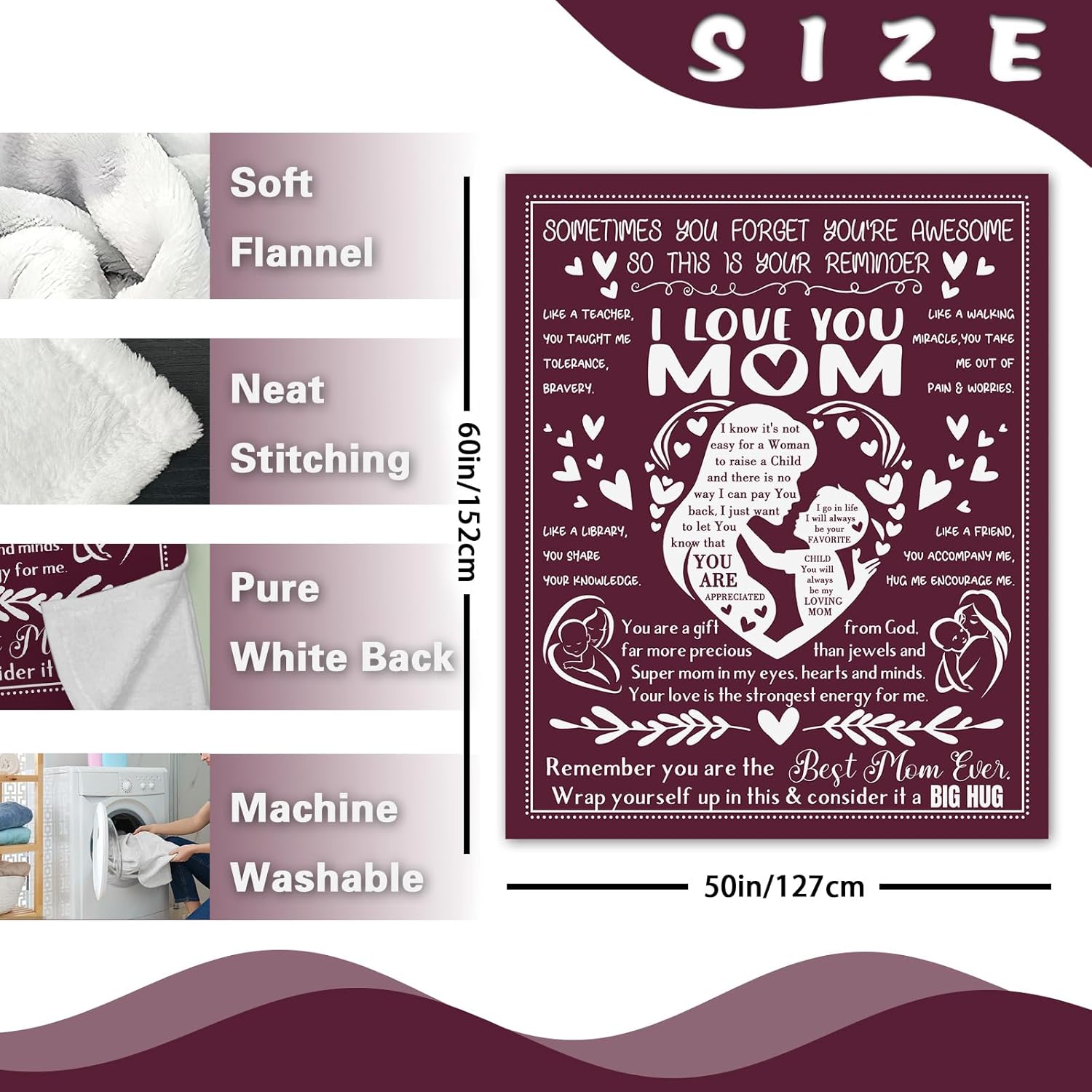 Gift for Mom from Daughter Son Flannel Throw Blanket, for Mama, Birthday Ideas, I Love You Mom Present for Women, Soft Bedding Sofa Blankets 50 x 60 in - Image 2