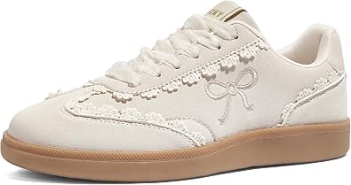 LUCKY STEP Women s Lace Detail Casual Sneakers Organza Ribbon Lace-Up Fashion Vintage Gum Sole Trendy Cute Shoes