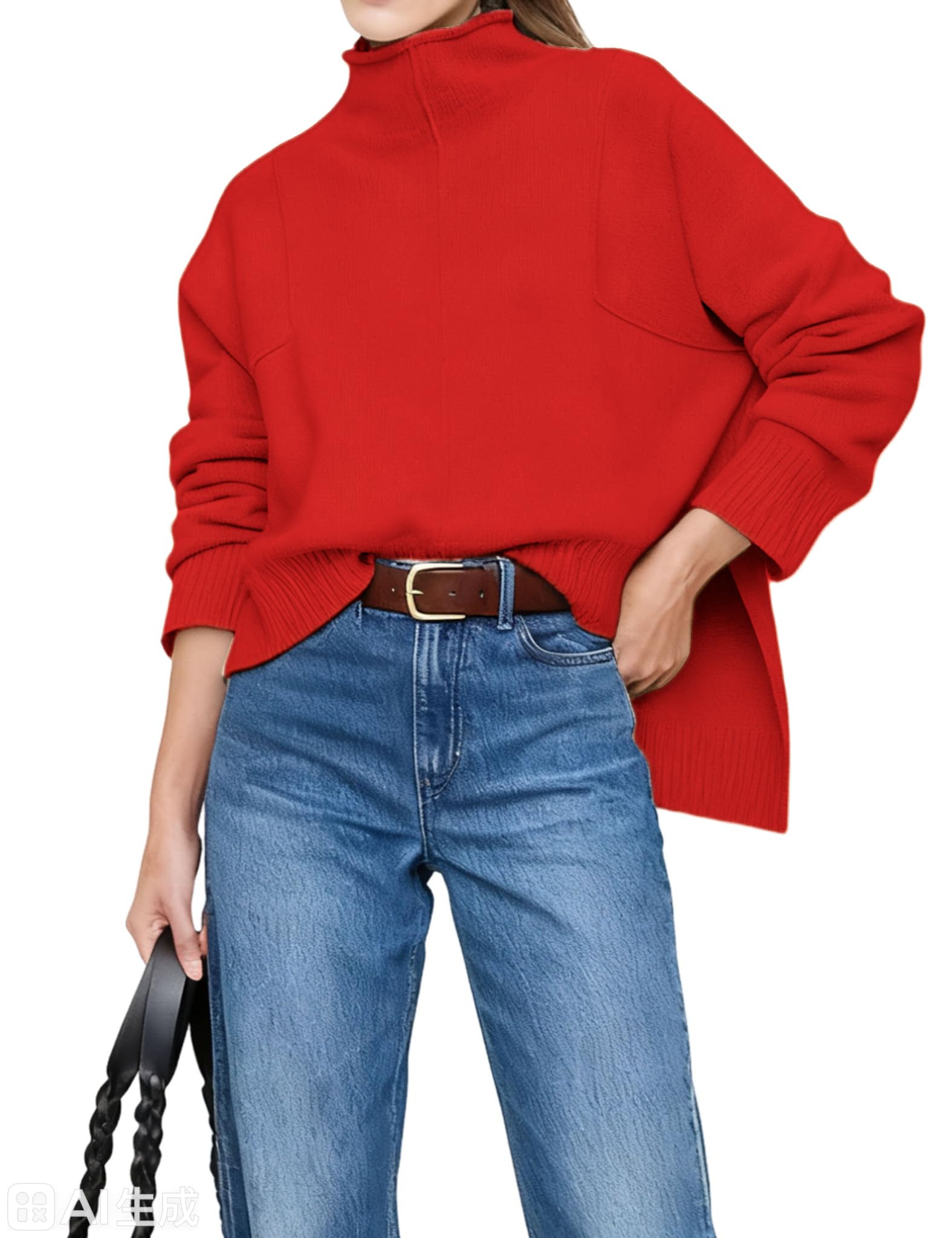 Women Mock Neck Sweaters Loose Pullover Knit Tops Split Hem Tunics Casual Jumper Tops