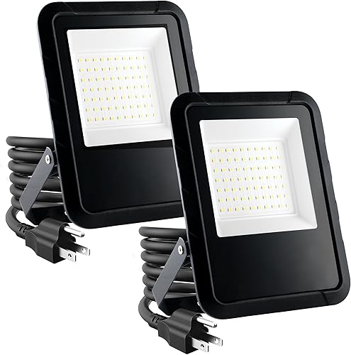 Miniatura 1 de Simple Deluxe Paquete de 2 luces de inundación LED de 70 W, 7000 lm de luz de trabajo impermeable para exteriores con enchufe, 6500 K Exteriores