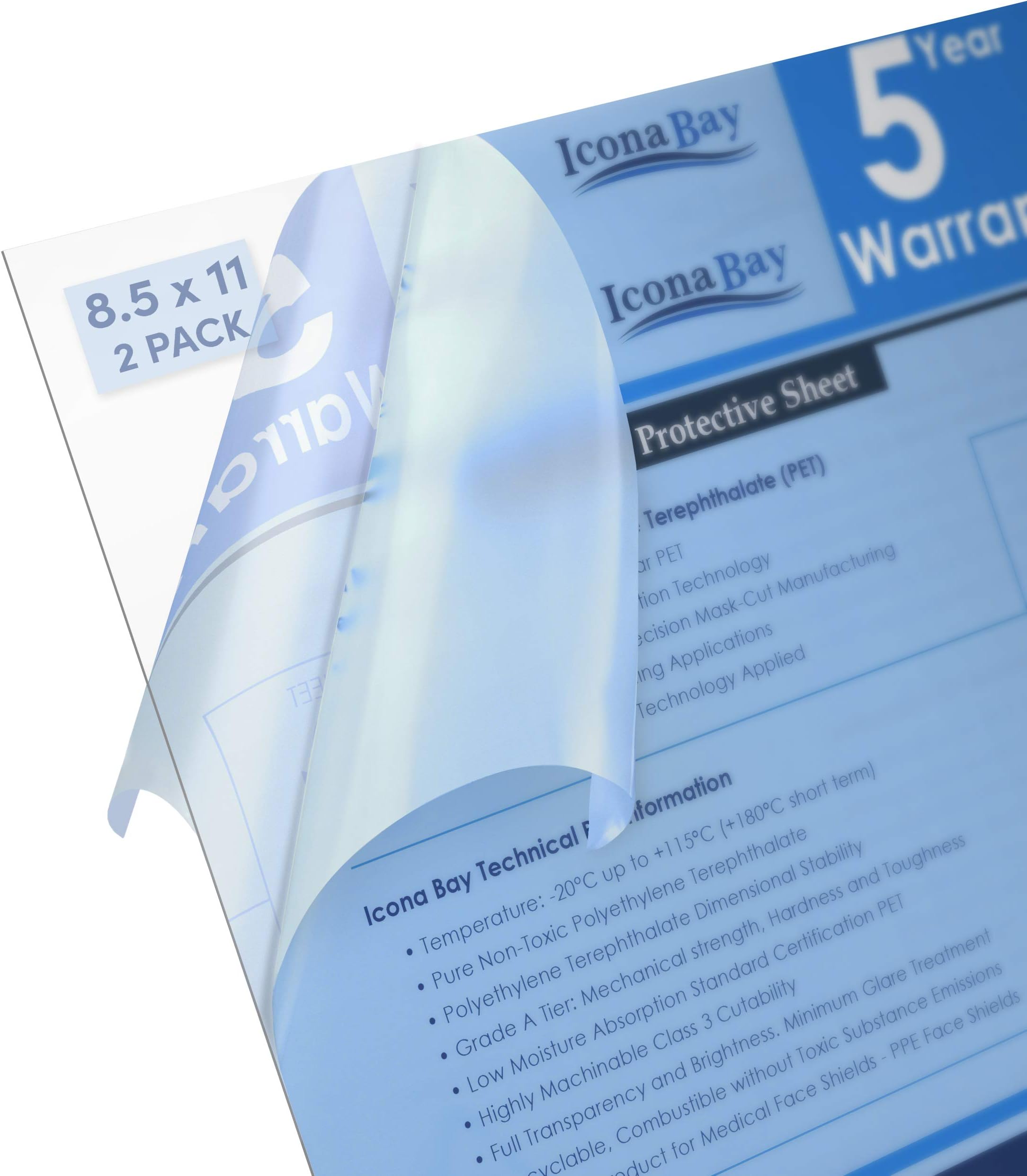 Icona Bay PET Plexiglass, Thin & Flexible Plastic Sheets (8.5x11 x 0.03 inch, Clear, 2 Pack), Easy to Cut for DIY Art Projects, Picture Frame Replacement Glass, PET Sheeting is Pliable Unlike Acrylic