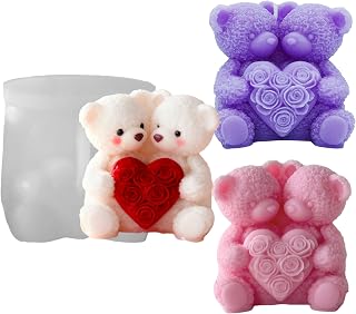 Rose Bear Candle Molds, Two Bears Holding Big Heart Silicone Mold for Candle Making, DIY Scented Soy Wax Candle, Aromatherapy Diffuser, Plaster Craft, Valentine's Day Gift Making Supplies