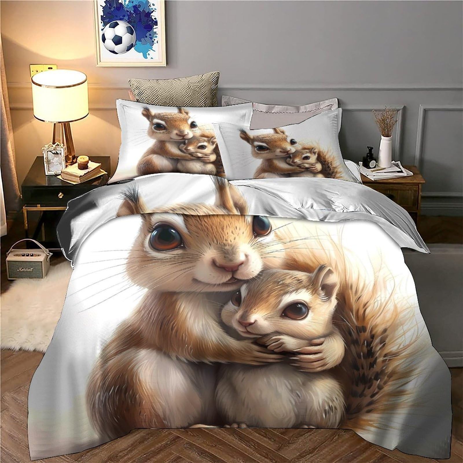 Abbraccio carino dello scoiattolo 3D Stampa Coperteletto 3pz Microfibra Lavabile Digitale Coperteletto 2 federe Zip nascosta Arredo Camera Coppie Super king（260x220cm）