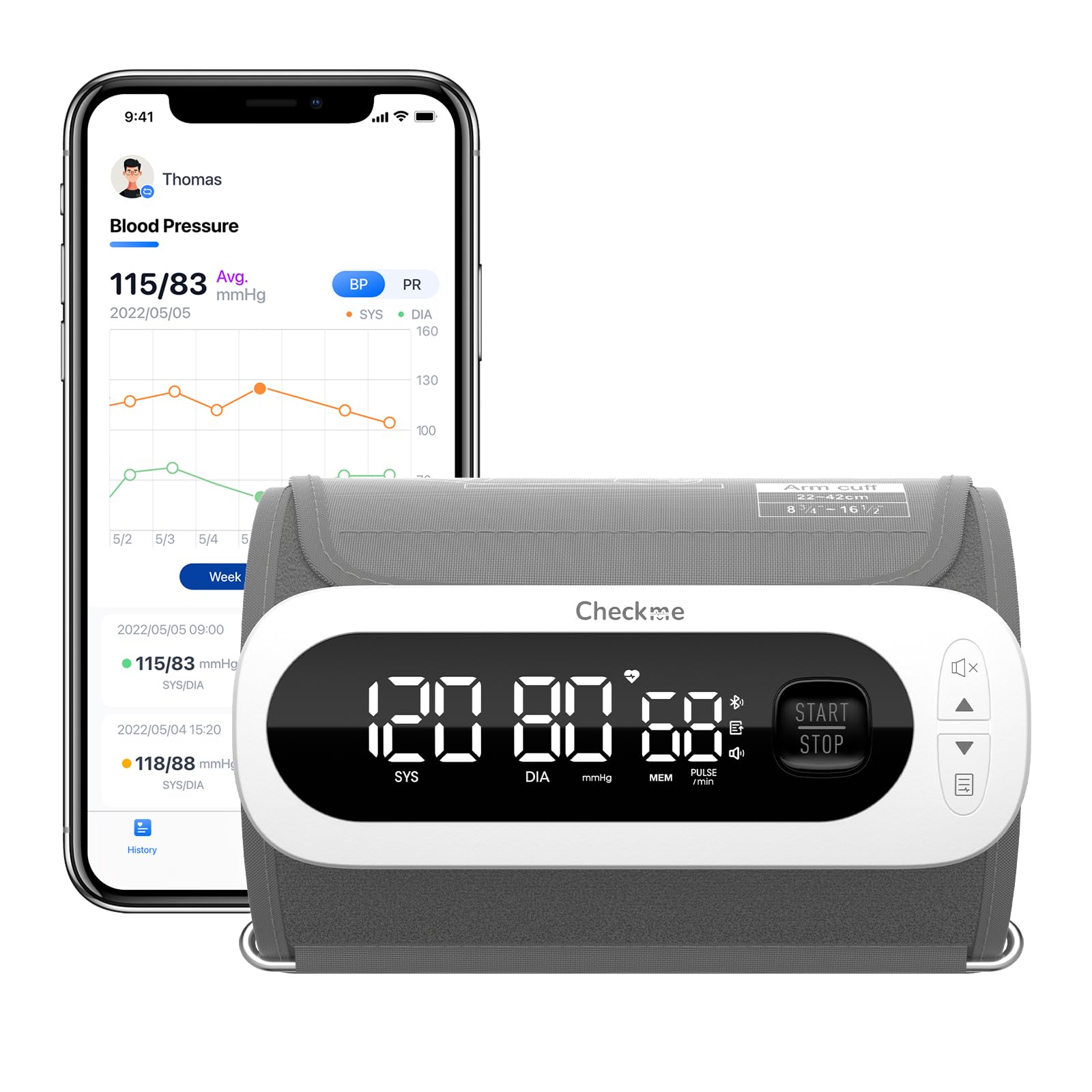 CheckMe BP2A Nexus Tensiómetro de Brazo Digital con Bluetooth, Media 3 Mediciones, Medidor Tension Arterial con Pantalla LCD, Manguito Inalámbrico (22-42 cm), Memoria 2 Usuarios