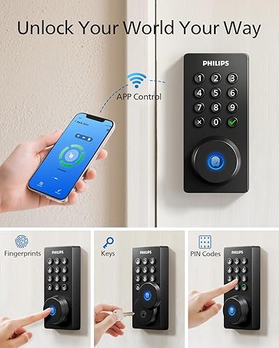Miniatura 2 de Philips Cerradura de puerta Wi-Fi, cerradura inteligente WiFi, cerrojo de entrada sin llave para puerta delantera, compatible con Alexa y Google