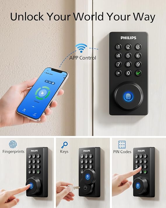 Philips Wi-Fi Door Lock, WiFi Smart Lock Keyless Entry Deadbolt for Front Door, Compatible with Alexa & Google Assistant, Remote Control, Built-in WiFi, APP Fingerprint Passcode Unlock, Auto Locking