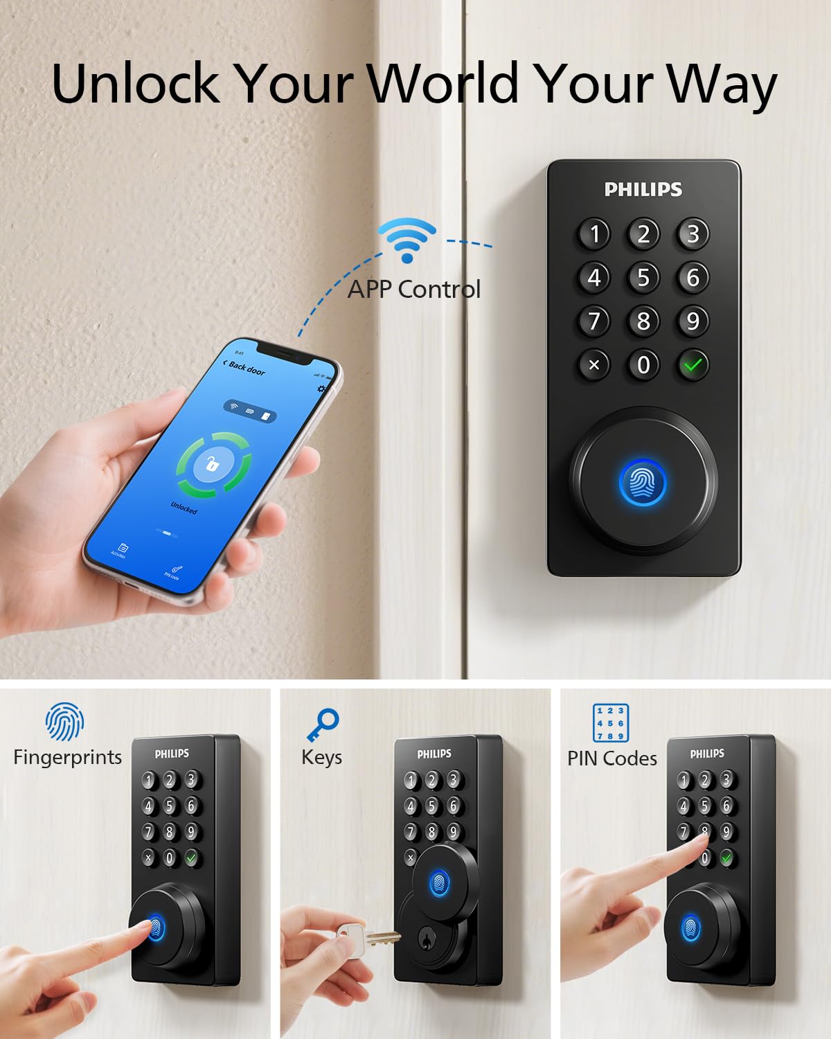 Philips Wi-Fi Door Lock, WiFi Smart Lock Keyless Entry Deadbolt for Front Door, Compatible with Alexa & Google Assistant, Remote Control, Built-in WiFi, APP Fingerprint Passcode Unlock, Auto Locking