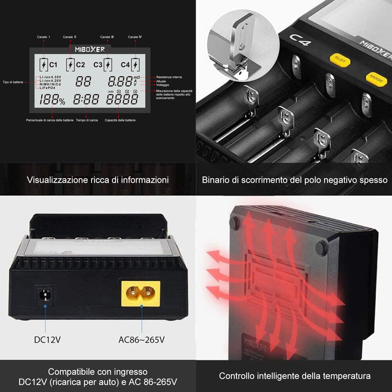 Caricabatteria 18650, Caricatore Universale a 4 Alloggiamenti MiBOXER Smart, Display LCD Automatico, Ricarica Rapida Li-ion LiFePO4 Ni-MH Ni-Cd AA AAA C 18350 18500 18700 20700 21700 RCR123