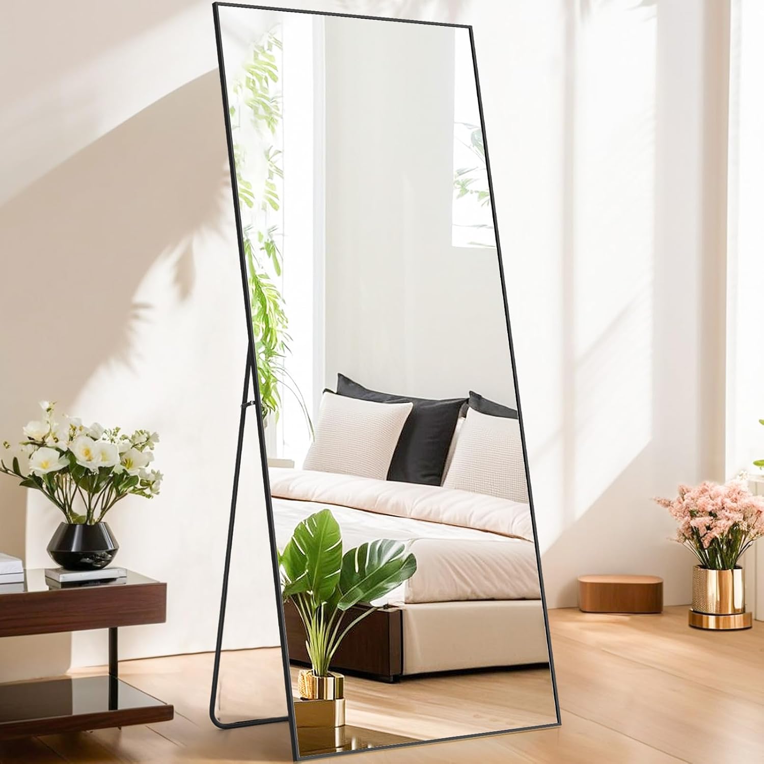 Mirror Full Length, 64"x21" Rectangle Full Body Mirror with Stand Aluminum Alloy Frame & Shatter-Proof Glass, Free Standing Leaning Floor Mirror Hanging Wall Mounted for Bedroom Cloakroom