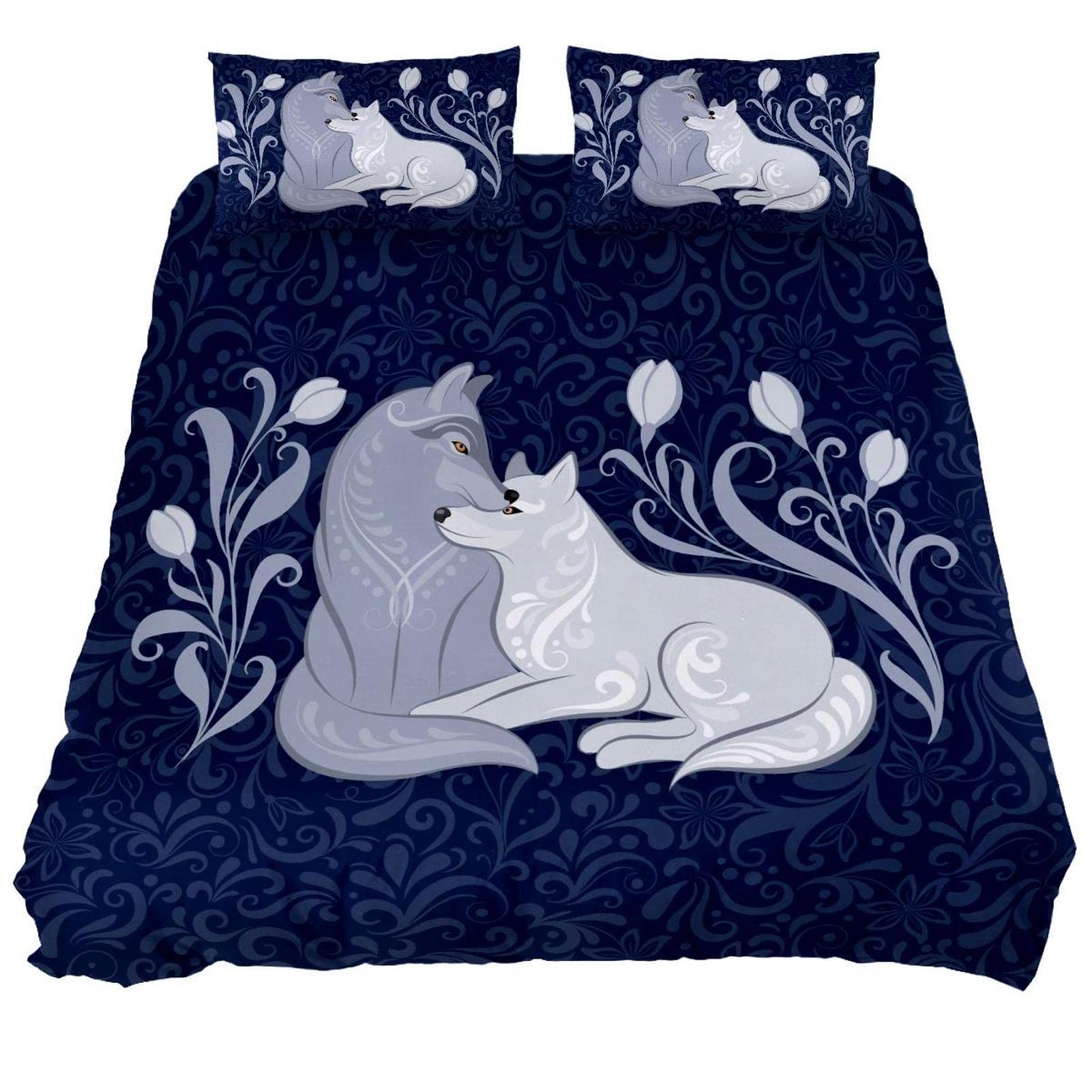 Bettbezug-Set mit Wolfs-Pärchen, Marineblau, Blumenmuster, 3-teilig, atmungsaktives Tencel-Bettwäsche-Set mit 2 Kissenbezügen, Anti-Falten-Bettwäsche-Sets für Kinder und Jugendliche